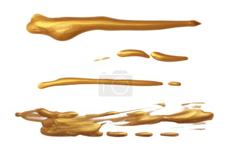 Foto de Glitter oro tinta color mancha cepillo trazo mancha relieve línea blot sobre fondo blanco. - Imagen libre de derechos