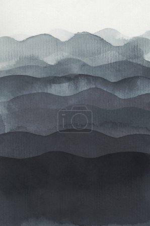 Photo for Ink Wave watercolor hand drawn strip dark blue black stain blot painting. Paper texture background. - Royalty Free Image