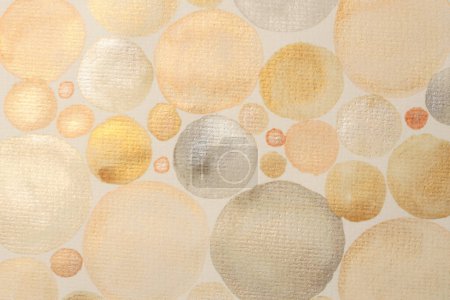Photo for Gold nacre glitter ink watercolor circle strip stain blot on beige grain paper texture background. - Royalty Free Image