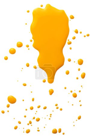 Foto de Ink Watercolor flow blot drops splash Mancha de color amarillo anaranjado aislada sobre fondo blanco. - Imagen libre de derechos