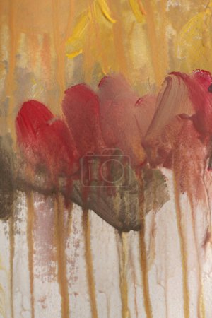 Photo for Art hand drawn watercolor and acrylic smear blot canvas painting wall. Abstract texture yellow, red pastel color stain brushstroke relief texture background. - Royalty Free Image