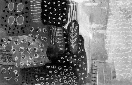 Foto de Arte óleo y acrílico manchas manchas punto lienzo pintura con lápiz, elementos de línea pastel. Resumen mancha en blanco y negro cepillo textura fondo. - Imagen libre de derechos