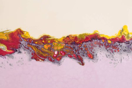 Photo for Abstract flow acrylic and watercolor pour marble painting blot. Color pink, yellow, lilac and beige wave smoke texture background. - Royalty Free Image