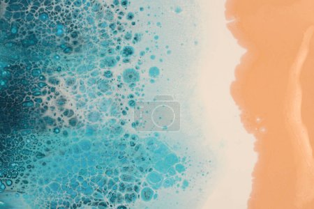 Foto de Flujo abstracto acrílico y acuarela verter manchas pintura de mármol. Color azul, beige, blanco onda humo textura fondo. - Imagen libre de derechos