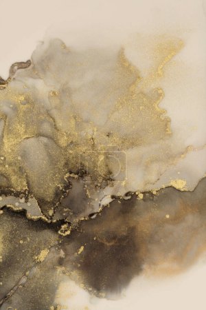 Photo for Art Abstract watercolor and alcohol ink flow painting blot. Brown, beige color with gold glitter. Marble grain texture background. - Royalty Free Image