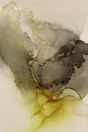 Téléchargez les photos : Art Abstract smoke watercolor painting blots horizontal background. Alcohol ink black and gold glitter colors. Marble texture. - en image libre de droit