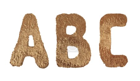 Photo for Alphabet letters A, B, C. Gold glitter metallic ink color smear brushstroke stain scrawl blot on white background. - Royalty Free Image