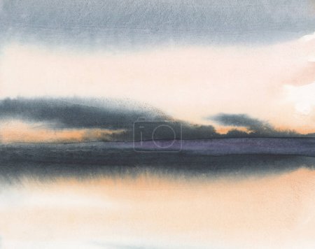 Photo for Ink watercolor hand drawn smoke flow stain blot landscape on wet grain paper texture background. - Royalty Free Image