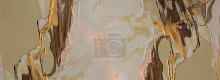 Photo for Art oil and acrylic smear wave blot canvas painting wall. Abstract texture gold, beige and bronze color stain brushstroke texture horizontal background. - Royalty Free Image