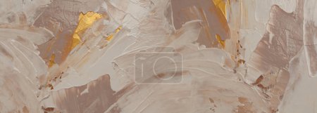Photo for Art Abstract acrylic smear blot painting wall. Bronze, beige and gold Color canvas brushstroke texture copy space horizontal background. - Royalty Free Image