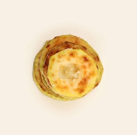 Foto de Pila de calabacín frito sobre fondo beige neutro. Vista superior. - Imagen libre de derechos