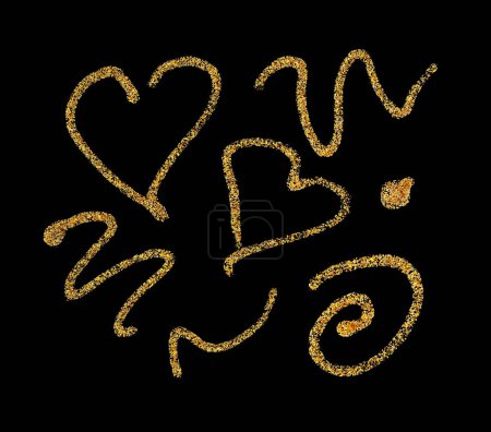 Foto de Brillo abstracto de punto de oro frotis línea cepillo elementos trazo. Aislado sobre fondo negro. - Imagen libre de derechos