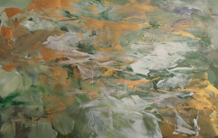 Foto de Art modern oil and Acrylic smear blot painting wall. Abstract texture green, beige, gold color stain brushstroke background. - Imagen libre de derechos
