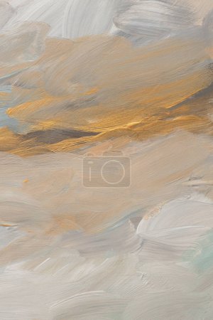 Foto de Arte moderno óleo y acrílico mancha pintura pared. Textura abstracta blanco, beige, color dorado mancha pincelada fondo. - Imagen libre de derechos