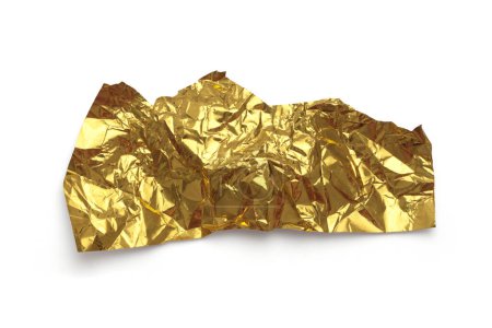 Photo for Torn empty crumbled  texture gold foil paper piece on white background. - Royalty Free Image