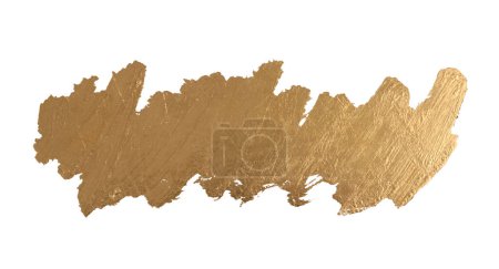 Gold, bronze glitter brushstroke painting smear foil blot.  Abstract glow shine stain on white background.