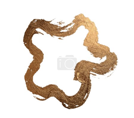 Gold, bronze glitter brushstroke painting smear foil line blot.  Abstract glow grunge stain on white background.