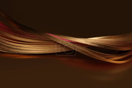 Abstract glow backgound. Gold (bronze) paper wave line on black brown reflection light and shadow background.
