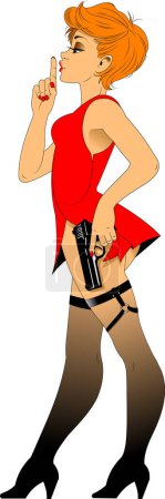 Téléchargez les photos : Fille dans une robe rouge avec un pistolet noir, illustration et vecteur - en image libre de droit