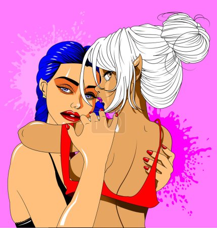 Téléchargez les photos : Couple lesbien embrasser et embrasser ensemble vecteur. Filles lesbiennes couple baisers et embrasser ensemble avec amour - en image libre de droit