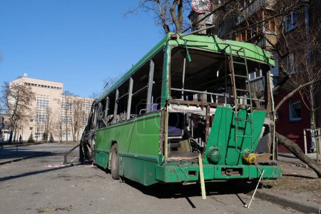 Photo for After bombing. War in Ukraine. Russia - terrorist country, destroyed by a missile trolleybus in Kyiv city on March 14, 2022. Russia - terrorist country. Terror and genocide of Ukrainian people - Royalty Free Image