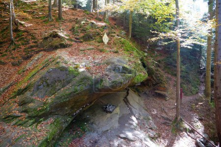 Foto de Piedra bendita y primavera sagrada en el bosque cerca de Manyava Skete en el oeste de Ucrania, considerado como un lugar de oración y de purificación espiritual. El manantial de agua sanadora emite por debajo de ella - Imagen libre de derechos