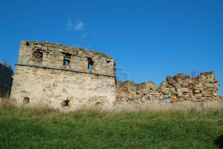 Stone tower in Pniv Castle - medieval historical object in Ivano-Frankivsk region of western Ukraine