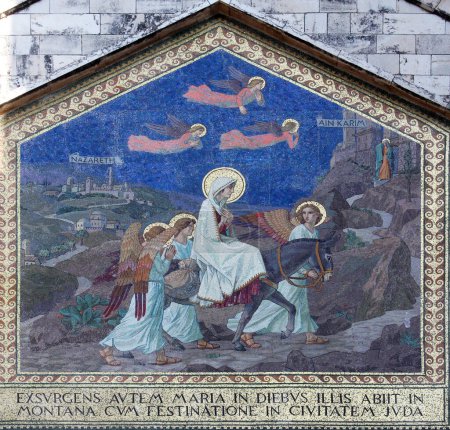 Photo for Mosaic adorning the front of the Church of Visitation, depicting the scene of Mary's visit to Elisheb, Church of the Visitation in Ein Karem near Jerusalem, Israel - Royalty Free Image