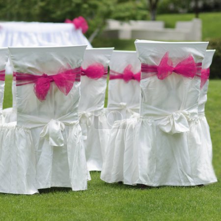 Photo for Wedding  garden chairs on grass, ceremony arrangement - Royalty Free Image
