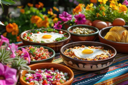 Photo for Outdoor Mexican breakfast tableau under the sun, with chilaquiles and huevos rancheros spread on a vivid tablecloth, complemented by the presence of flourishing flowers - Royalty Free Image