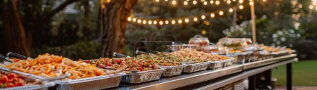 Fiesta de mesa buffet en un evento al aire libre, luces de cuerda arriba.