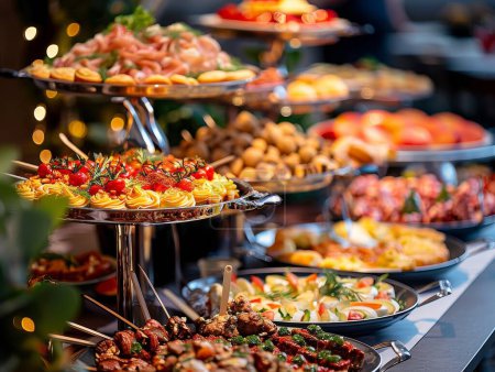 Mesa buffet cargada de platos gourmet en un evento de lujo.