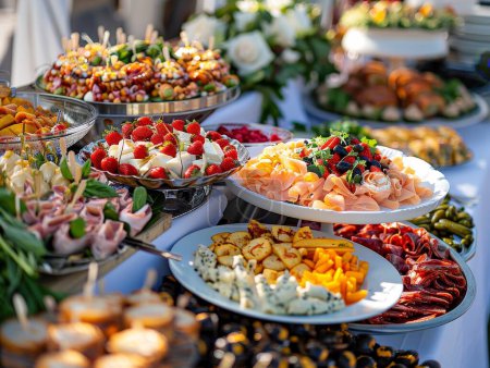 Mesa buffet cargada de platos gourmet en un evento de lujo.