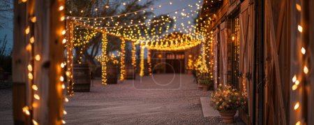 Las luces de hadas brillan en una boda de granero rústico, ambiente mágico.