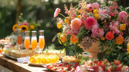 Téléchargez les photos : Brunch garden party, fleurs fraîches et station de mimosa. - en image libre de droit