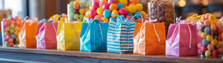 Party favors display at a kids' party, colorful bags with toys and sweets.