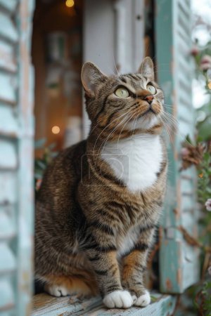 Katze hockt auf einem hohen Regal, beobachtet sein Innenreich und schützt..