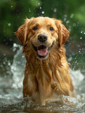 A dog is delighting in a dip in a lake, filled with joy and playfulness..