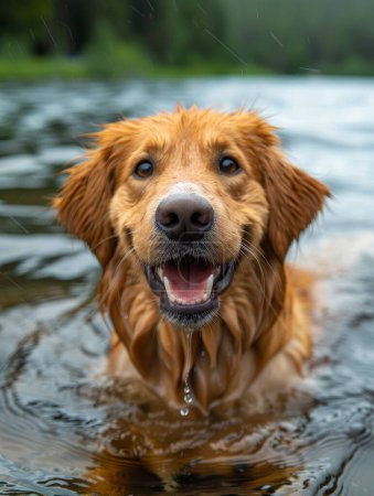 A happy dog splashes in the lake, exuding joy and playfulness..