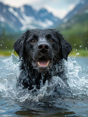 Ein fröhlicher Hund, der im See spielt und vor Überschwang und Freude planscht..