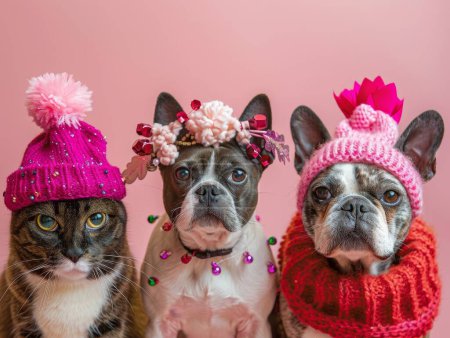 Dogs and cats adorned in festive gear on National Pet Day, radiate cuteness and joy..