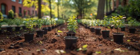 Initiative communautaire visant à transformer un terrain vacant en espace vert, avec des bénévoles plantant des arbres et installant des bancs.