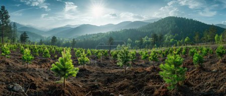 Reforestation effort, wide panoramic shot of newly planted trees in a deforested area, volunteers working together, symbolizing hope for forest preservation.