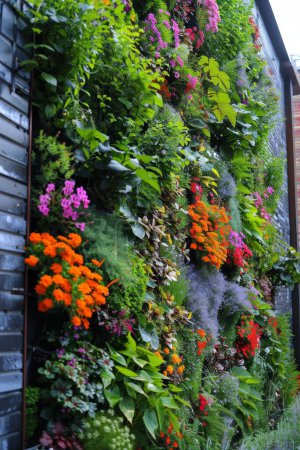 Foto de Tutorial de jardinería sobre la creación de un jardín vertical, consejos para ahorrar espacio, exuberante vegetación, entorno urbano, educativo y visualmente inspirador. - Imagen libre de derechos