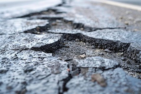 Asphalt road buckles and cracks due to intense heat, leading to traffic problems.