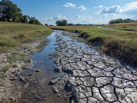 Ausgetrocknetes Flussbett mit rissiger Erde deutet auf schwere Dürrefolgen hin.
