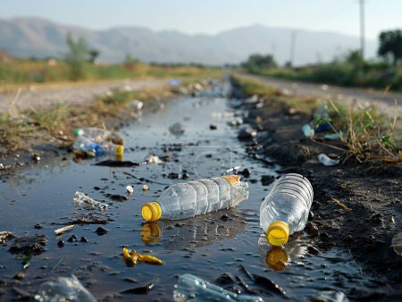 Empty bottles left in dry riverbed portray water wastage and scarcity.