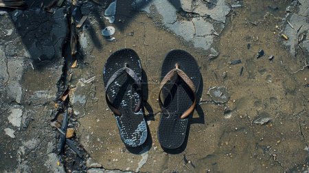 The flip-flops deform and melt, scorched by urban concrete as they walk.