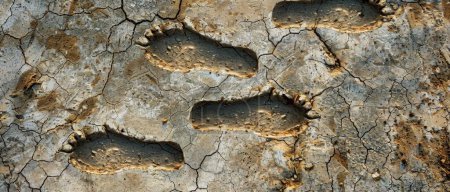 Footprints in drying cement signify enduring human impact on Earth.