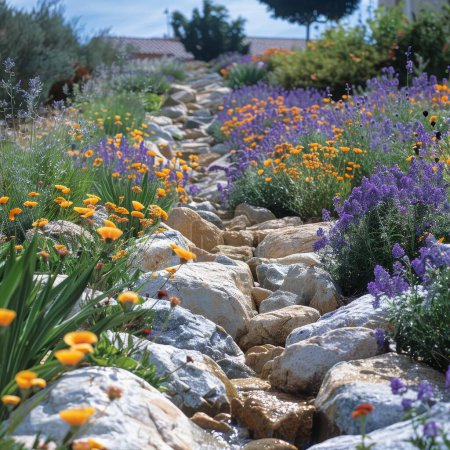 Wassereffizientes urbanes xeriscaping mit einheimischen Pflanzen wird in der Landschaftspflege für Nachhaltigkeit in Städten hervorgehoben.